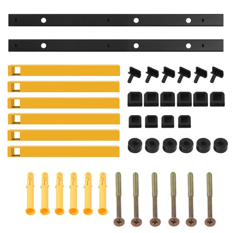 Heavy Duty Wall Mount Lumber Rack With Three Level Folding Wood Storage Organizer For Garage Or Shop, Heavy Gauge Steel Built Like Iron To Haul Planks And Boards Without Breaking A Sweat, Two Pack, assembly hardware including black and yellow brackets, screws, and anchors.