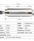 Heavy Duty 2.2Kw Cnc Spindle Motor Featuring Er20 Collet And Liquid Cooled Sleeve with dimensions and specifications.