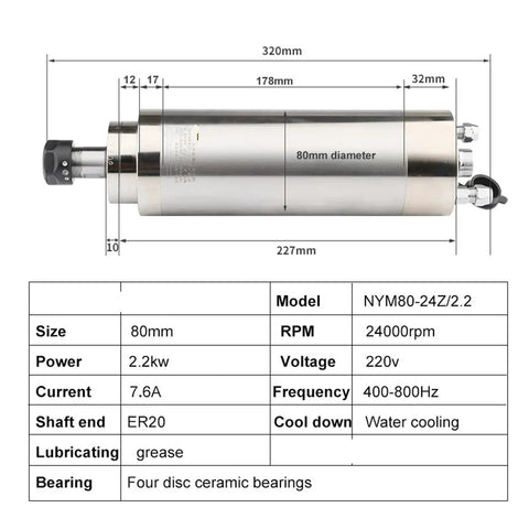 Heavy Duty 2.2Kw Cnc Spindle Motor Featuring Er20 Collet And Liquid Cooled Sleeve with dimensions and specifications.