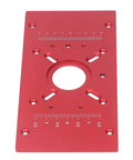 Built Tough Aluminum Router Table Insert Plate, Rock Solid Red And Black Anodized Alloy surface with ruler for precise milling.