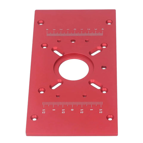 Built Tough Aluminum Router Table Insert Plate, Rock Solid Red And Black Anodized Alloy surface with ruler for precise milling.