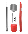Filfeel Concrete Hole Saw Kit 90mm With Heavy Duty Tungsten Alloy Teeth Designed For Brick Cement And Stone Drilling Tasks Featuring A 350mm Round Shank Rod Plus Drill Wrench And Snazzy Storage Boxes For Pro级 Job Sites. 90mm hole saw kit with 350mm rod, wrench, and red storage box