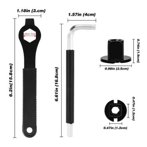 Dimensions of Bike Crank Puller Tool Set With Bottom Bracket Remover And Allen Key Wrench, featuring auxiliary wrench