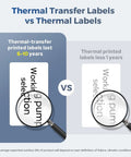 Comparison of thermal transfer labels vs thermal labels durability, highlighting longevity and visibility with magnifying glass.