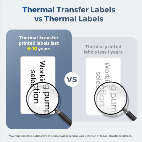 Comparison of thermal transfer labels vs thermal labels durability, highlighting longevity and visibility with magnifying glass.