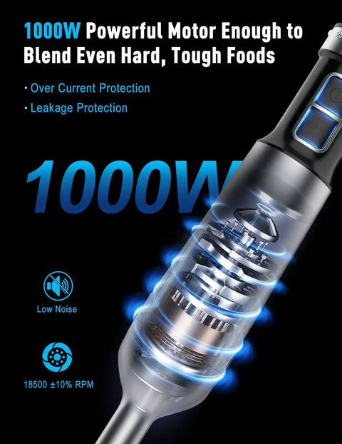 Heavy Duty 1000W Immersion Blender With 25 Adjustable Speed Settings And Tough Copper Brushless Motor close-up of powerful motor and design features.