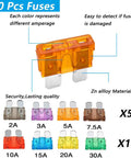 Different color ATC/ATO blade fuses labeled by amperage including 2A to 30A, part of 14 Gauge Inline Fuse Holder Kit 12V DC ATC and ATO.