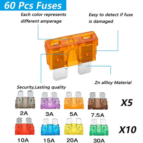 Different color ATC/ATO blade fuses labeled by amperage including 2A to 30A, part of 14 Gauge Inline Fuse Holder Kit 12V DC ATC and ATO.