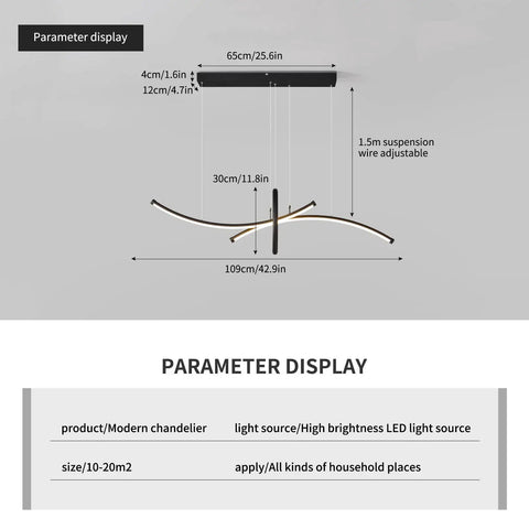Parameter display of Totally Chic Geometric Modern LED Chandelier Three Light Pendant With Remote Dimmer And Height Adjustable Suspension Aluminum Matte Black Ceiling Light For Dining Room Kitchen Island Office