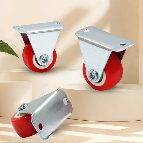 Three 1-inch rigid caster wheels with red rubber wheels and metal mounting plates