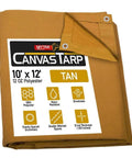 10 X 12 Tan Canvas Tarp With 12 Oz Heavy Duty Water Resistant Polyester, Breathable Fabric, Double Stitched Seams, Product Label