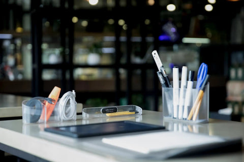 Magnetic Desk Organizer Set With Modular Stand Metal Construction Three Trays And Pen Holder For Office Home Dorm Study Room Space Saving Stationery Organizer Gift Ready For Any Workspace Vibe, shown on a desk with stationery items.