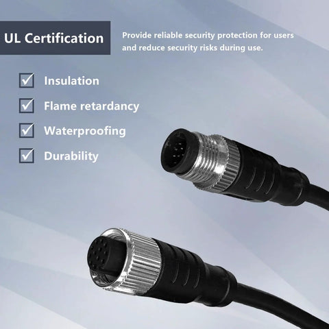M12 12 Pin A Code Connector Cable Male To Female IP67 Waterproof Industrial Extension Wire 30V 1.5A with UL certification