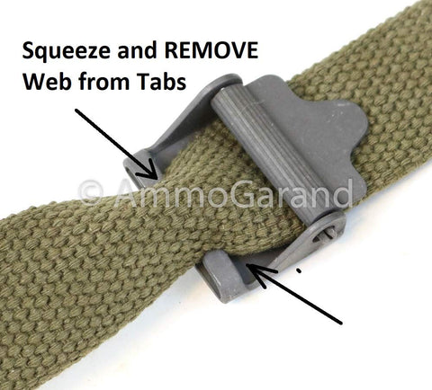 Close-up of M1 Garand USGI Pattern Web Sling Two Point Black Cotton Made In USA, showing parkerized hardware attachment detail.