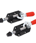 Beefy Cast Iron Push Pull Toggle Clamp With 20mm Stroke And 500 Lbs Holding Capacity, Built Tough Heavy Duty Clamp Tool For Woodworking, Welding, Molding, And Mould Making, Plastic Sleeve Handle. Two cast iron toggle clamps with red handles