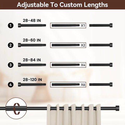 Beefy Heavy Duty Black Curtain Rod Set 28 To 48 Inch 2 Pack Five Eighths Inch Diameter Drapery Rods with adjustable lengths