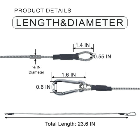 One Eighth Inch Stage Light Cables Twenty Pack Two Feet Long Safety Cables with measurements and carabiner lock detail