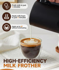 Pouring steamed milk from a 4-In-1 Milk Frother And Steamer With One-Touch LED Controls, 11.8Oz, 350 Ml Capacity into a glass cup