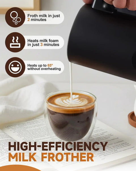 Pouring steamed milk from a 4-In-1 Milk Frother And Steamer With One-Touch LED Controls, 11.8Oz, 350 Ml Capacity into a glass cup