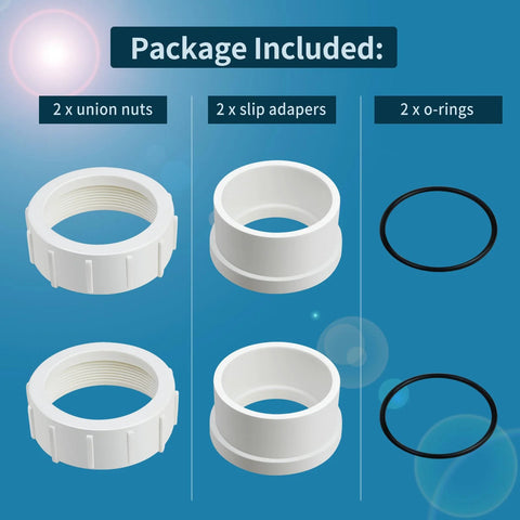 Front view of half union adapters kit: 2 white union nuts, 2 slip adapters, and 2 black O-rings.