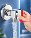 Top Shelf 1/2 Inch Brass Angle Shut Off Valve With Slick Chrome Coating And Hassle Free Red Handle For Heavy Duty Water Heater And Home Plumbing Projects in use with flowing water.