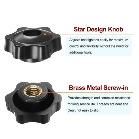 Heavy Lifter Four Pack Star Knobs With M10 Female Thread And 38mm Head Plastic Clamping Handles, black star design knob with brass insert.