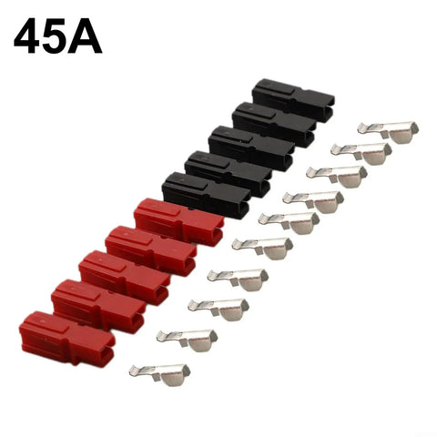 Five Pair Badass Tinned Copper Power Connectors 45A 600V Quick Disconnect red and black terminals with metal contacts.