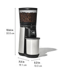 Barista Grade Conical Burr Electric Coffee Grinder with 12 oz capacity, 15 grind settings, stainless steel, one touch start