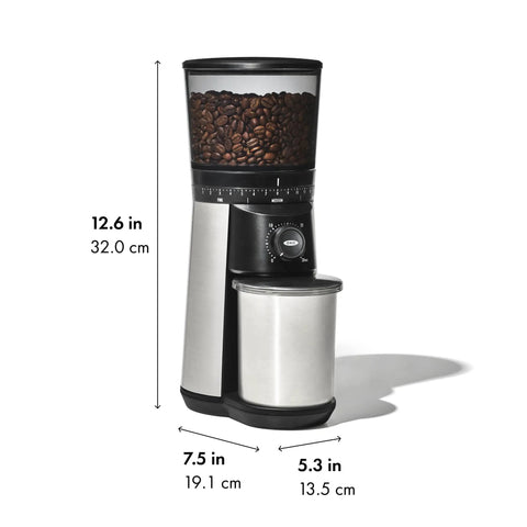 Barista Grade Conical Burr Electric Coffee Grinder with 12 oz capacity, 15 grind settings, stainless steel, one touch start