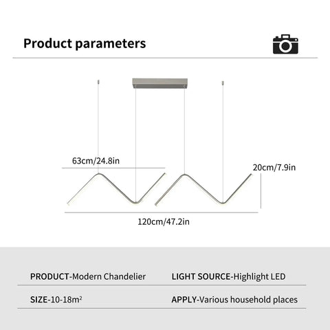 Diagram of Slick Chrome LED Dimmable Linear Wave Pendant Lights For Kitchen Island And Dining Room Hanging 47.2 Inch Adjustable Chandelier