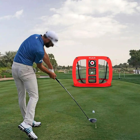 Golfer practicing with Pop Up Golf Chipping Net For Indoor And Outdoor Practice, Backyard Target System on a golf course