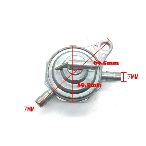 Gy6 Vacuum Fuel Petcock For 50cc To 150cc Scooters And ATVs Plug And Play Zinc Alloy Fuel Pump Valve With 7mm Port shown from top view.