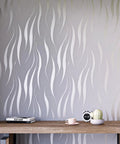 Self Adhesive Peel And Stick Wallpaper 20.8 By 393 Inches With 3D Water Wave Pattern, on a wall behind a table in a living room.