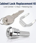 Hefty Silver Universal Cam Lock For Toolboxes Cabinets And Furniture Drawers Featuring Top Shelf 180 Degree Rotation No Fuss Swap Durable Iron Housing components including lock cylinder, keys, retaining clip.