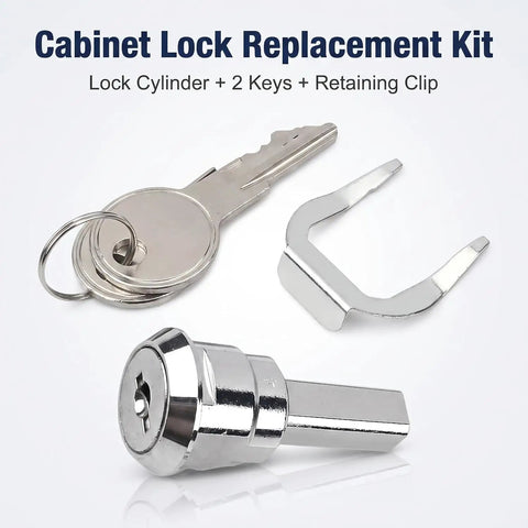 Hefty Silver Universal Cam Lock For Toolboxes Cabinets And Furniture Drawers Featuring Top Shelf 180 Degree Rotation No Fuss Swap Durable Iron Housing components including lock cylinder, keys, retaining clip.