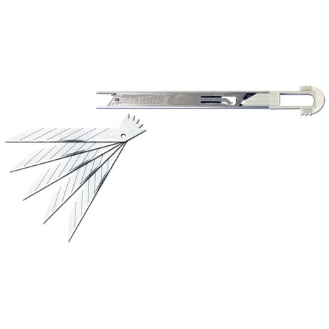 ABS Grip 30-Degree Multi-Blade Cartridge Knife With Five Blade Cartridges displayed with metal blades and bright yellow handle