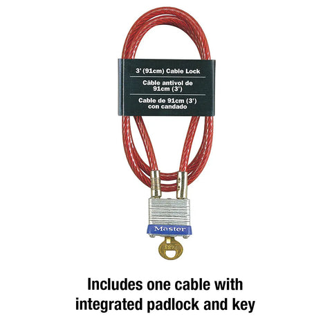 Steel Cable Lock With Integrated Outdoor Padlock And Key For Bikes, Outdoor Storage, Braided Steel With Vinyl Coating, 3 ft