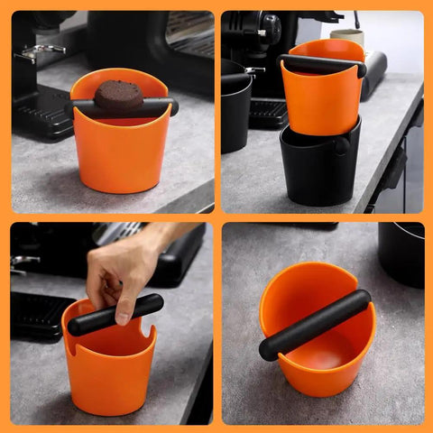 Orange ABS Coffee Knock Box 2.5L open top with non slip base shown with spent espresso grounds on counter.