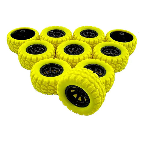 10Pcs RC Toy Car Wheels with Rubber Tires and 5Pcs Metal Shafts, 2mm Diameter Round Rod Axles, 36mm Diameter, Yellow