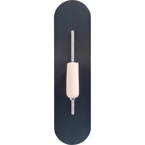 Pool Trowel With 20 Inch Blue Steel Blade Flexible For Radius Finishes Wood Handle Short Aluminum Alloy Mounting With 12 Rivets Pro Grade Contractor Concrete Tool Made In The USA PT205B top view