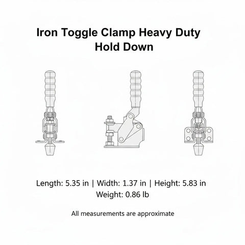 Iron Toggle Clamp Heavy Duty Hold Down, 5.35 in long, 5.83 in high, 0.86 lb for woodworking jigs and welding fixtures.