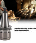 Heavy Duty Collet Chuck Holder For CNC Milling Lathe Tools With Fine Engraving Precision Carburized Steel ER16 ER20 ISO25 displayed on workbench.