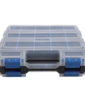 Double Sided Go To Tool Storage Box With 34 Adjustable Compartments And Removable Dividers In Yellow And Blue, Clear Lid View