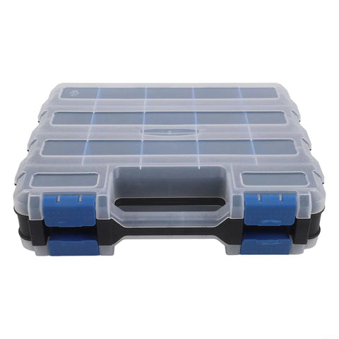 Double Sided Go To Tool Storage Box With 34 Adjustable Compartments And Removable Dividers In Yellow And Blue, Clear Lid View