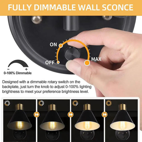 Plug In Wall Sconce With Swing Arm And Dimmer, Black Adjustable E26 Vanity Light with dimmer knob for brightness control