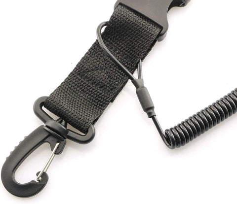 Anti Lost Scuba Diving Camera Lanyard with Spring Coil Rope, Black, Close-Up of Quick Release Buckle and Hook