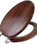 Solid Heavy Duty Elongated Toilet Seat With No Sweat Soft Close Lid And Quick Release Stainless Steel Hinges In Rich Black Walnut Wood, top view.
