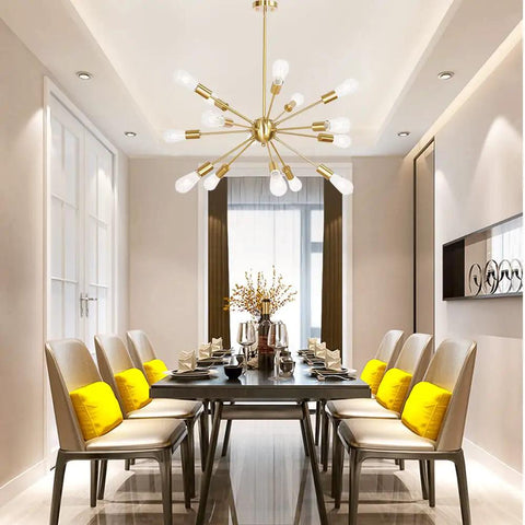 Dining room with Sputnik 15 Light Brushed Brass Chandelier Modern Pendant Lighting With Industrial Vintage Mid Century Flair