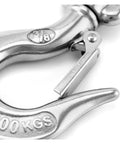 Close-up of Heavy Duty 304 Stainless Steel Swivel Lifting Hook With Three Sixty Degree Spin Rust Proof Cargo Rigging, showing the latch.