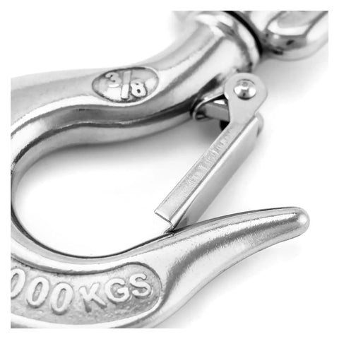 Close-up of Heavy Duty 304 Stainless Steel Swivel Lifting Hook With Three Sixty Degree Spin Rust Proof Cargo Rigging, showing the latch.